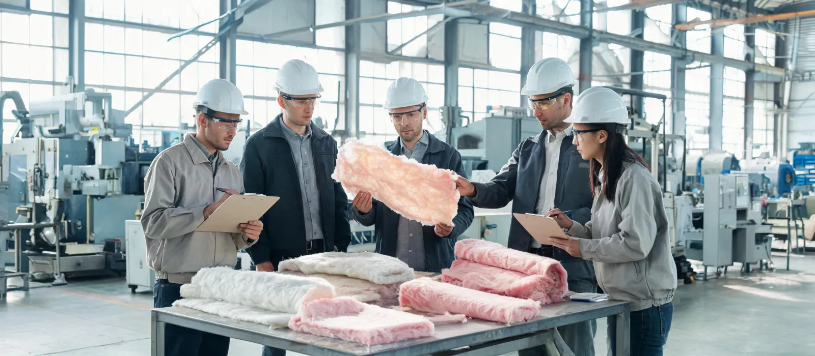 Knauf Insulation plant team reviewing quality samples at a manufacturing facility
