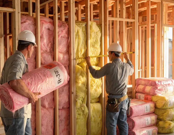 Knauf Insulation fiberglass batts installed in residential wall cavities on a framing jobsite