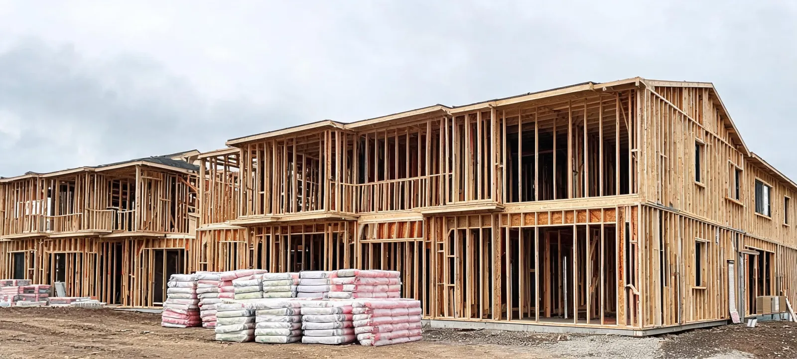 Multifamily wood-frame building with insulation staged for wall cavities