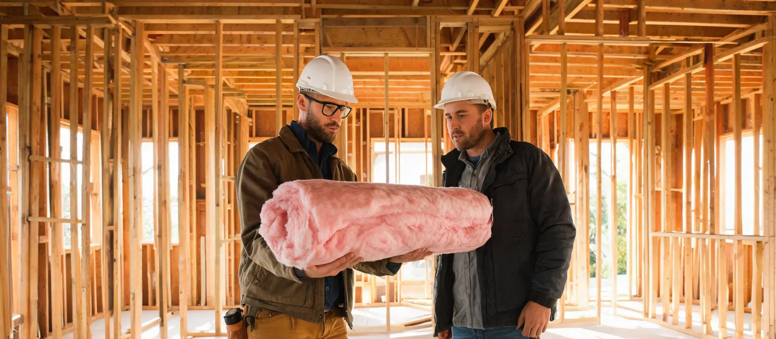 Knauf Insulation technical specialist reviewing batt samples with a contractor on a framed jobsite